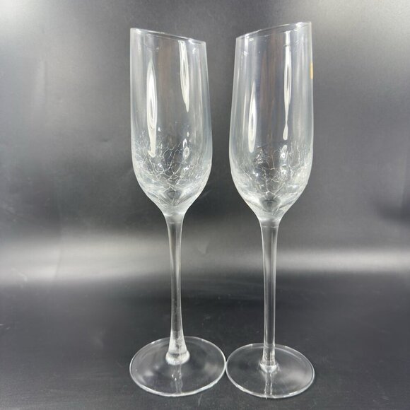 Pier 1 Clear Glass Crackle Angled Rim Goblet Drinking Glasses Cups Flutes Set  2 - Picture 10 of 11